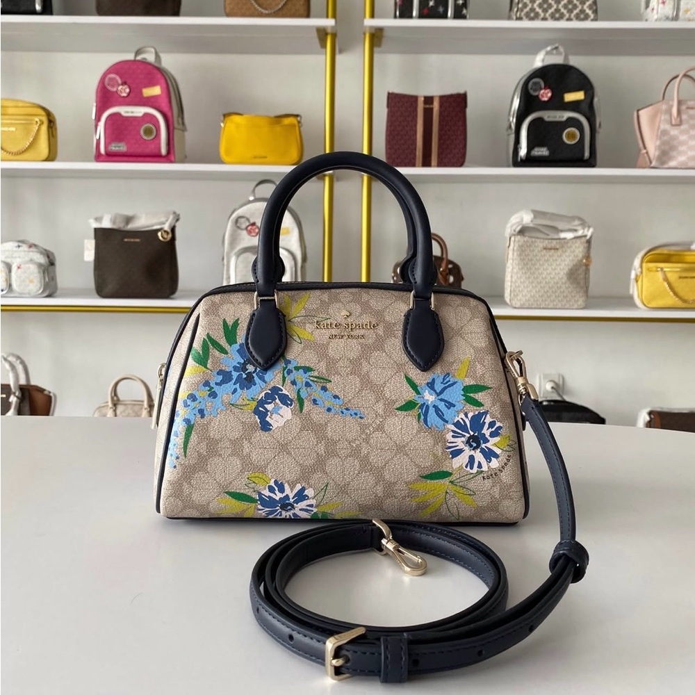 kate spade Beige Signature Floral Dome Satchel with Navy Trim